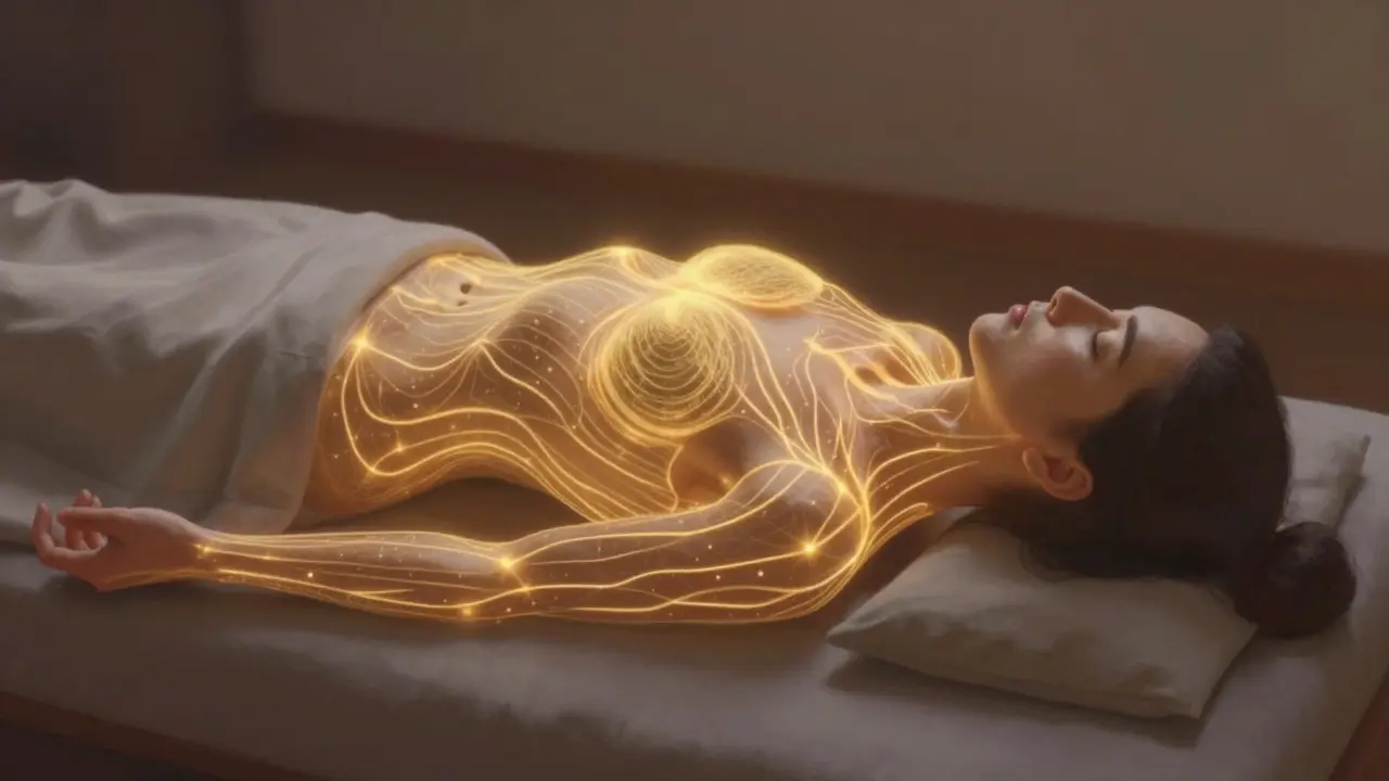 Glowing energy pathways across a person's body in soft light.