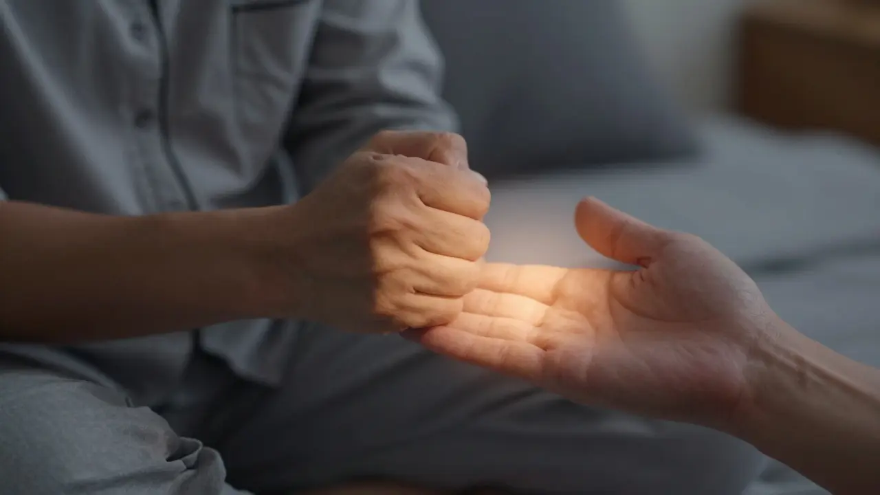 Hands showing contrast between clenched tension and relaxed release during muscle relaxation.