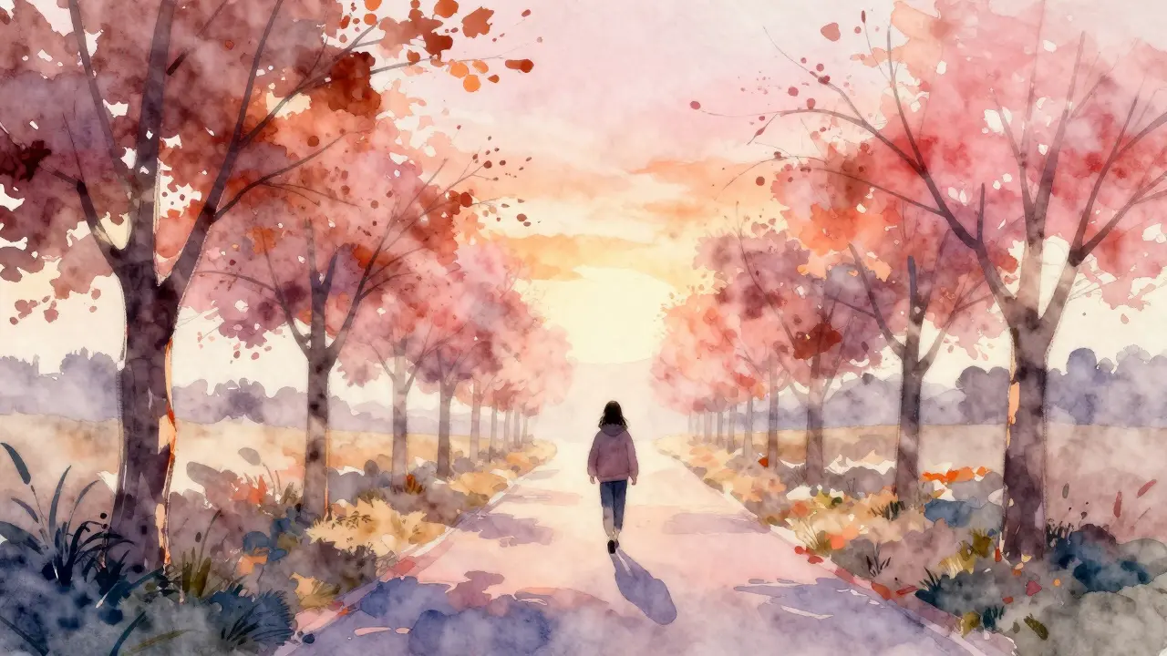 Person walking along tree-lined path at sunrise with soft pastel sky.