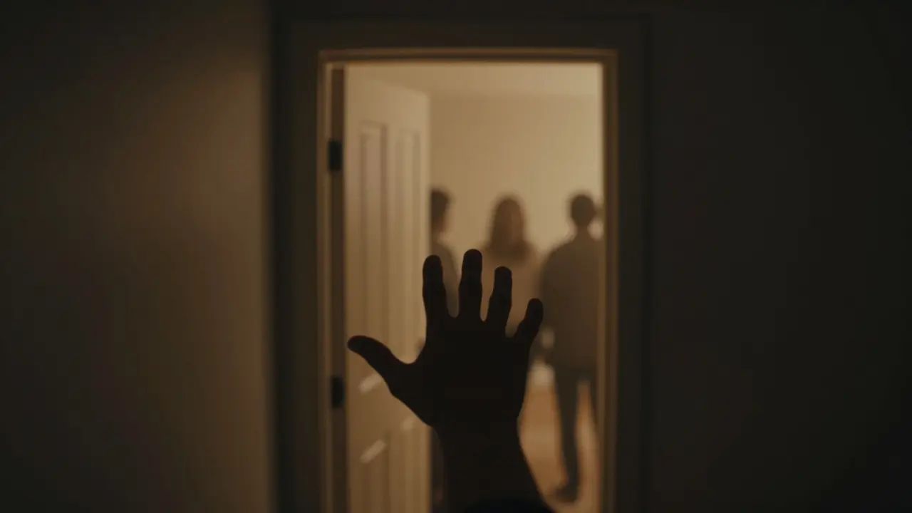 A hand reaching toward a softly glowing door, with faint figures waiting beyond in a dark room.