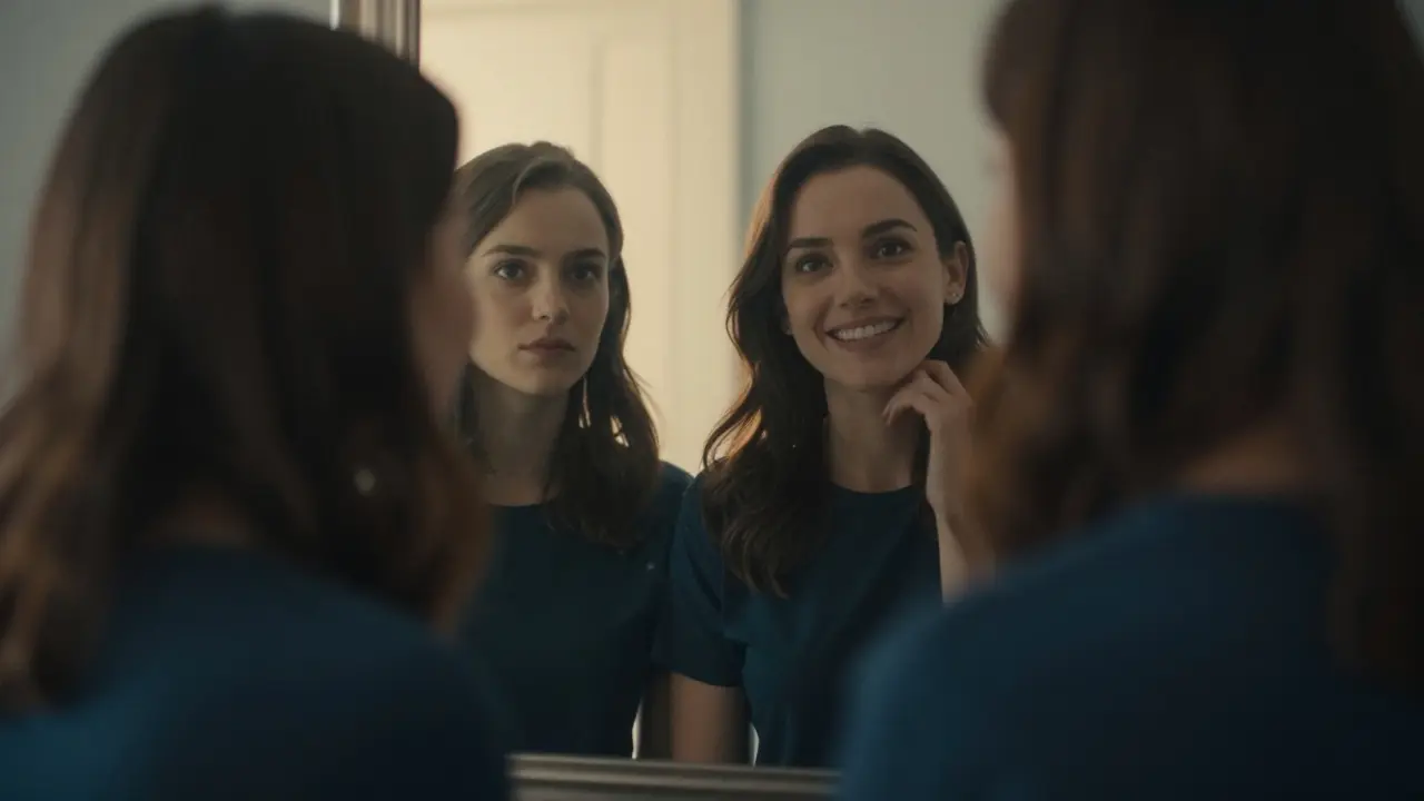 A person gazing at their mirror reflection, which fades into a happier version of themselves.
