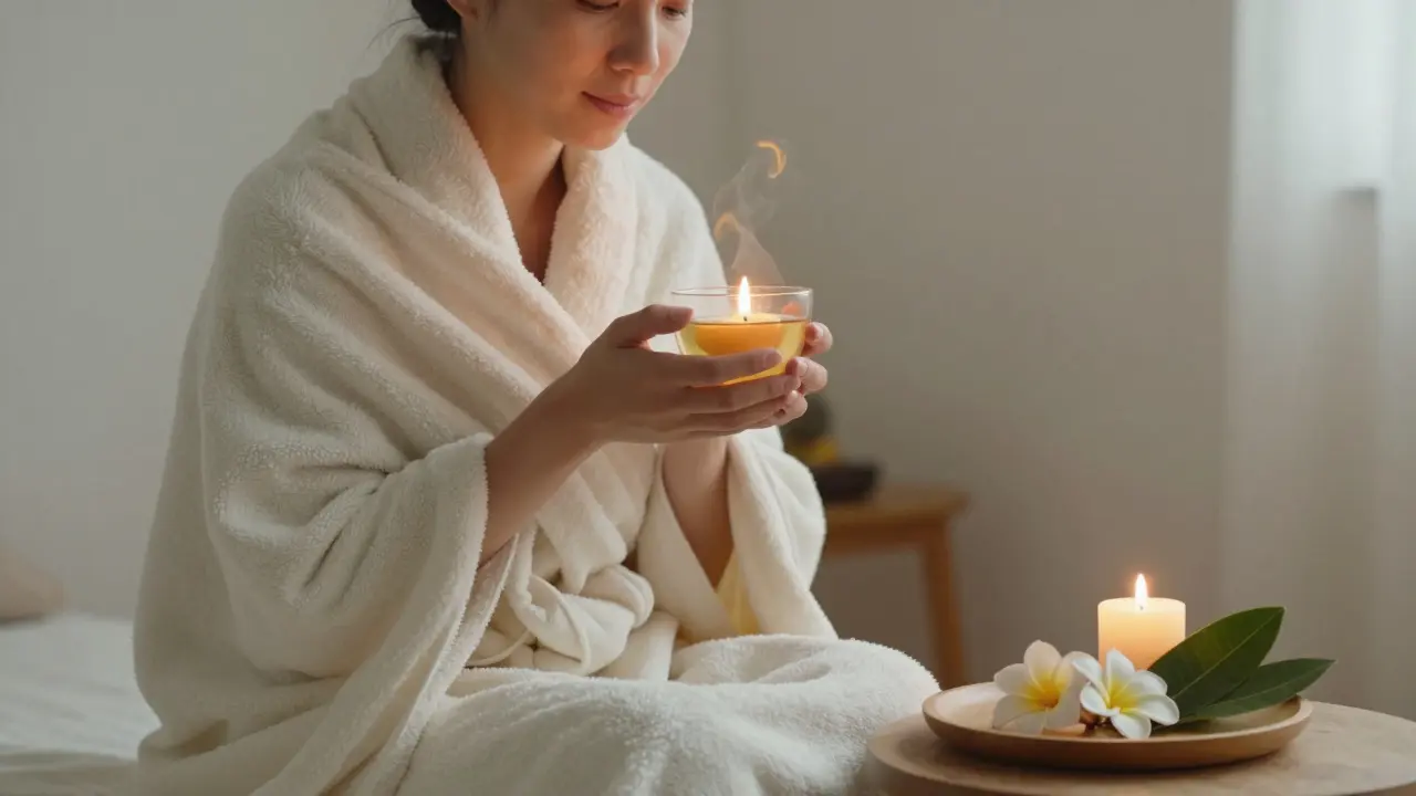 A relaxed client wrapped in a blanket, sipping ginger tea in quiet post-massage serenity, surrounded by soft candlelight and natural flowers.