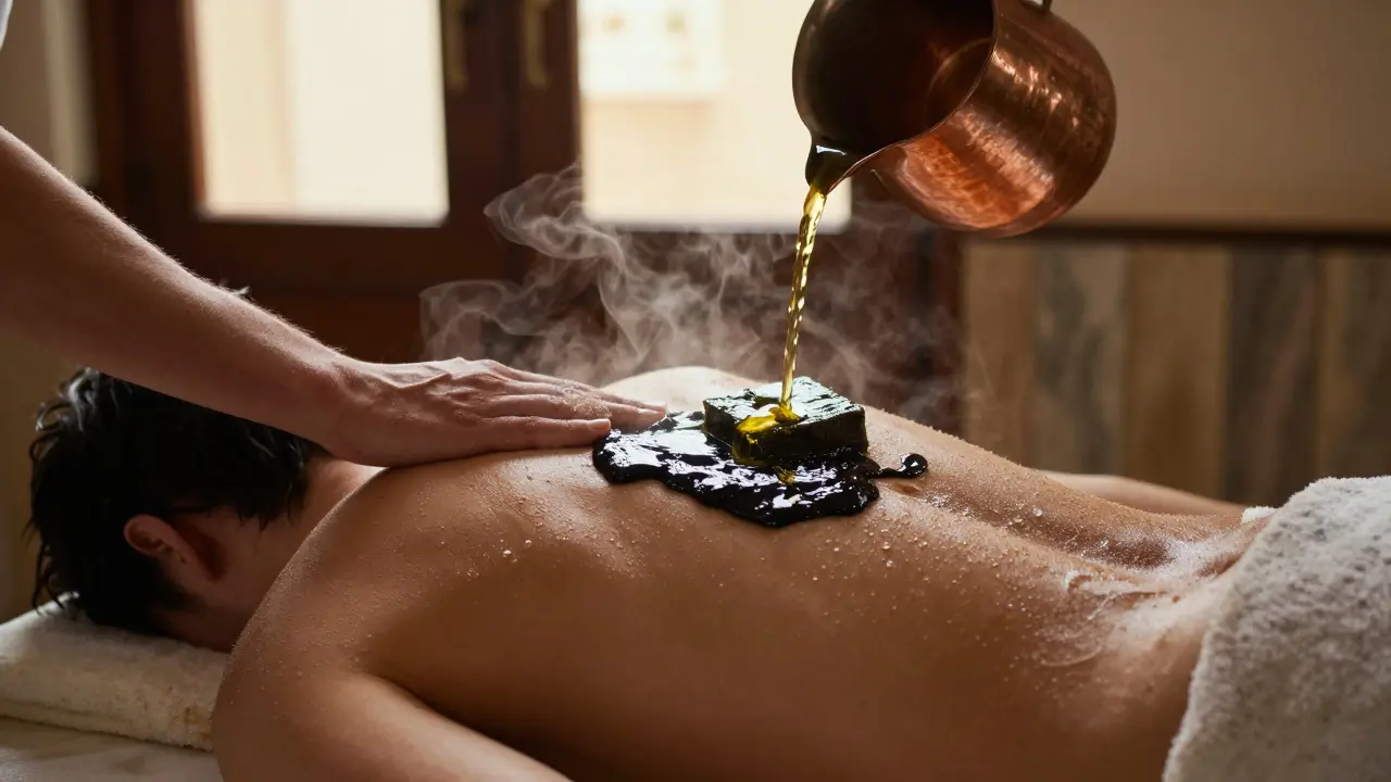 A trained attendant scrubbing a person's back with a coarse mitt, thick soap lather glistening under steamy light.