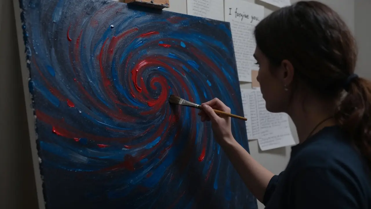 A woman stares at a turbulent painted storm on a canvas, with crumpled letters on the floor behind her.