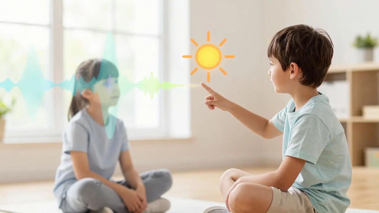 A young autistic boy points to a picture of the sun while humming with a music therapist beside him.