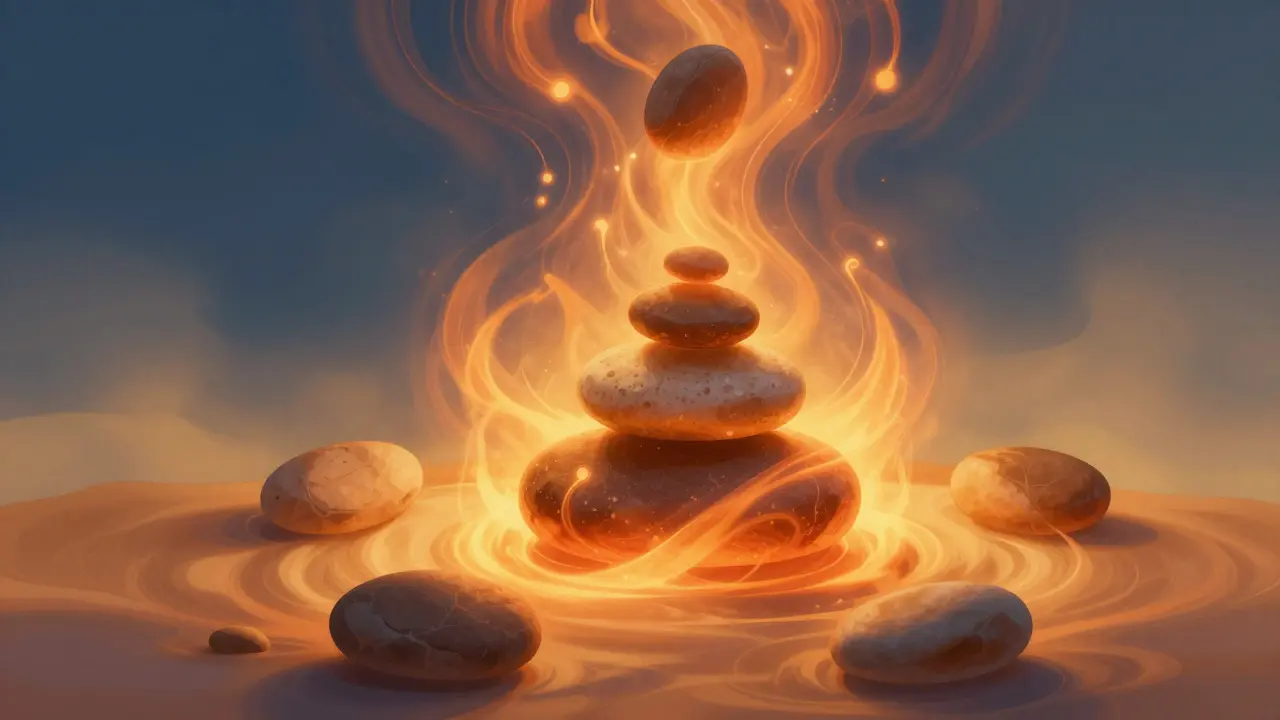 Abstract artistic representation of warm healing energy and stones.