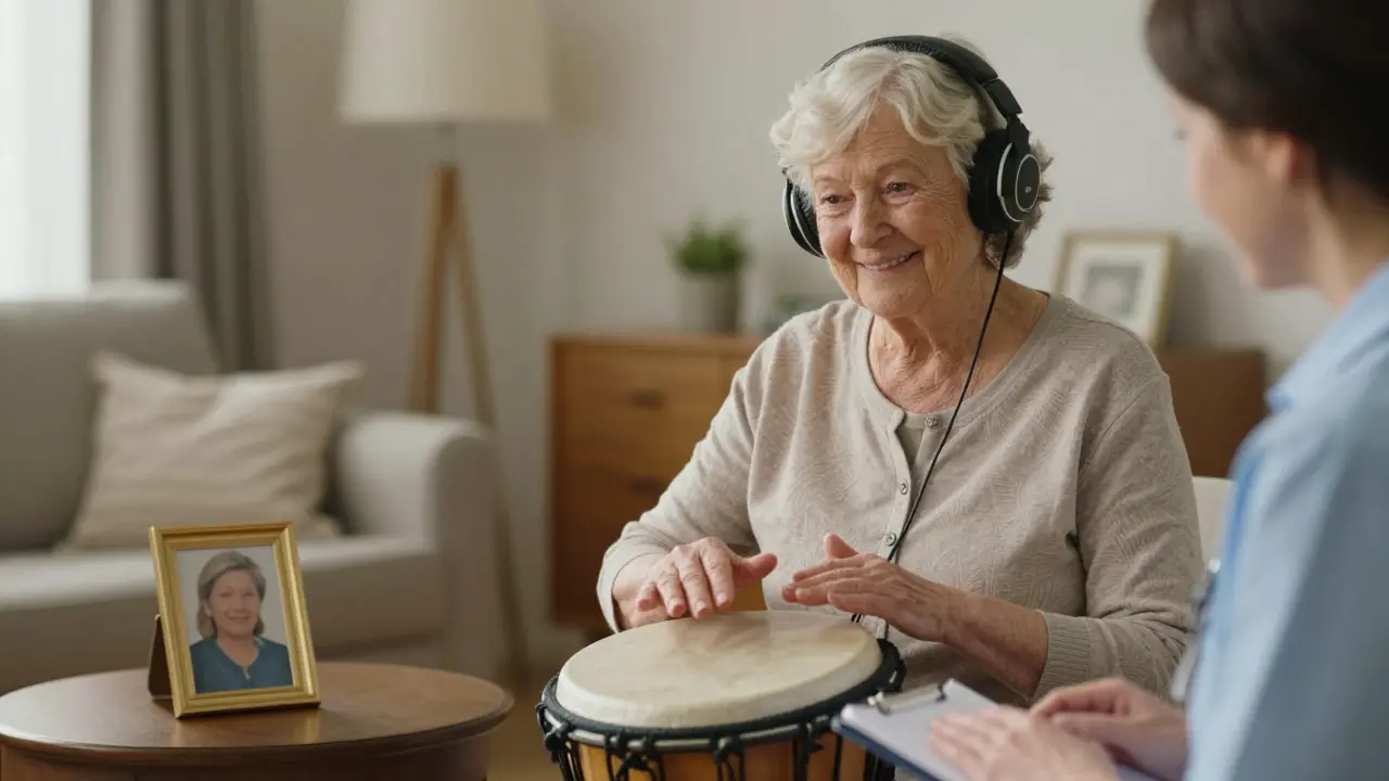 An elderly woman drumming gently in a care home, smiling, with a photo of her youth nearby.