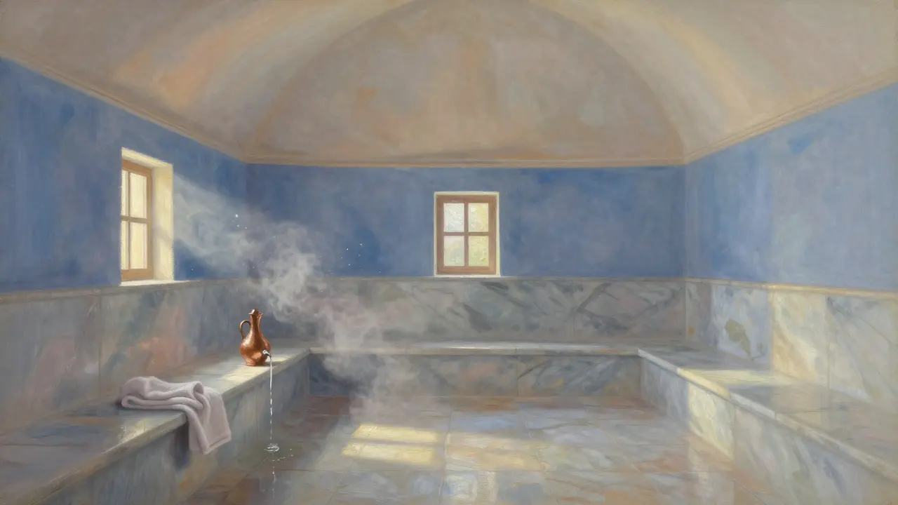 An empty hammam chamber at dawn, with sunlight filtering through high windows and a copper jug dripping water onto marble.