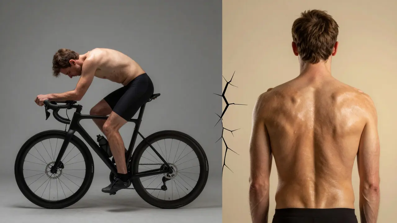 Before and after comparison of a cyclist showing physical transformation from fatigue to recovery.