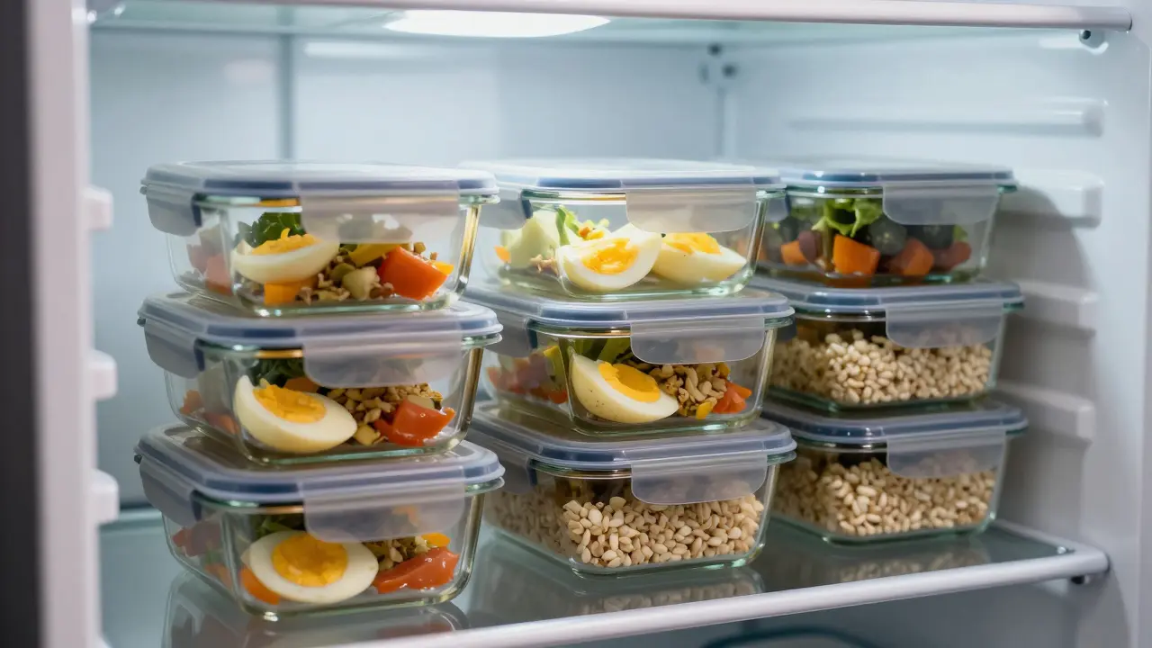 Clear glass meal prep containers neatly stacked inside a well-lit refrigerator shelf