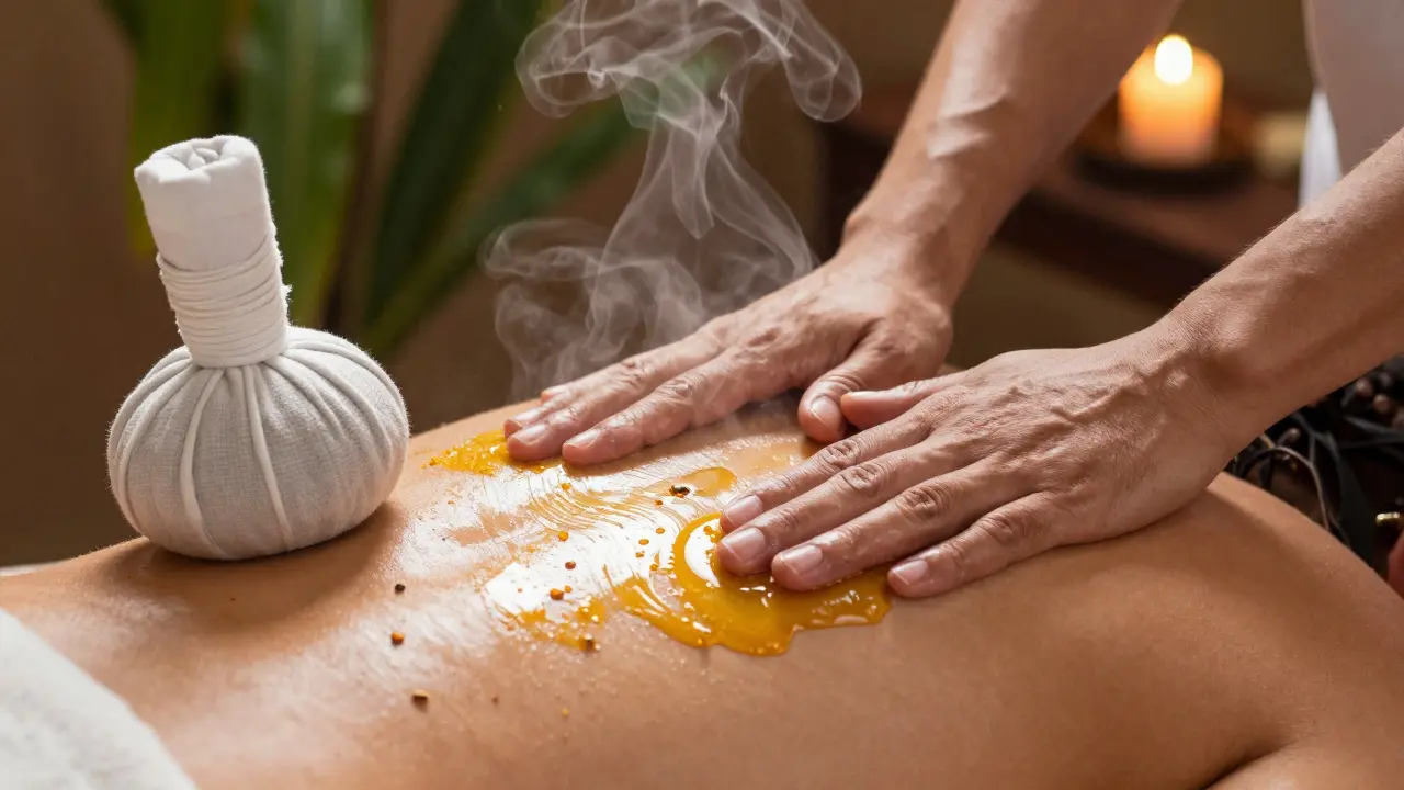 Close-up of thumbs pressing along a back with golden oil and a warm herbal compress, turmeric and ginger visible in the blend.