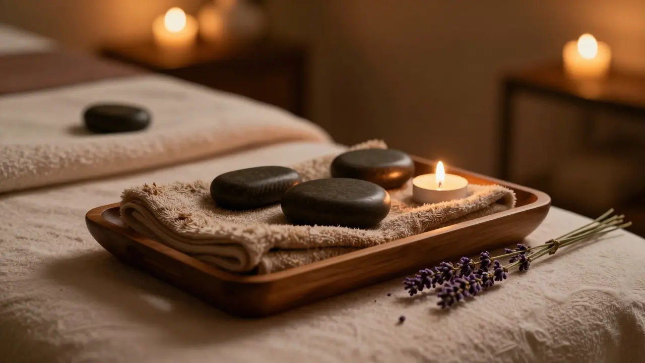 Dimly lit spa corner with candles and a tray of warm stones.