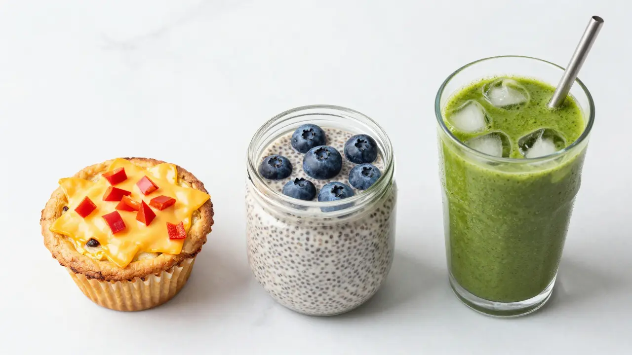Overhead view of three breakfast meals: egg muffins, overnight oats, and green smoothie