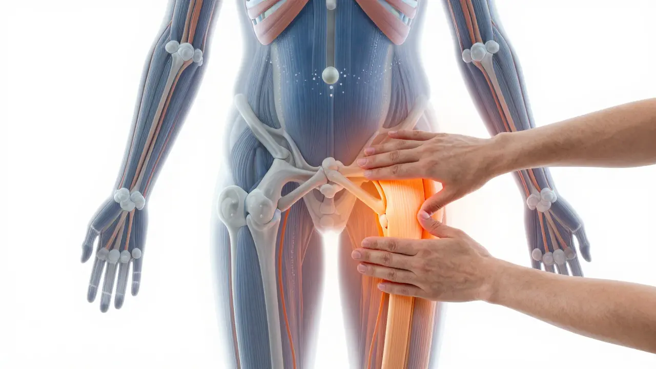 Transparent human body illustration showing fascia connections and therapeutic hand pressure on the IT band.