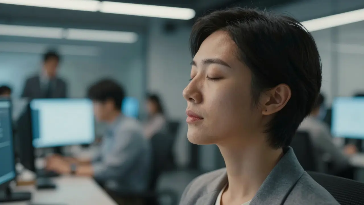 A person calmly practicing deep breathing in a blurred, busy office setting.