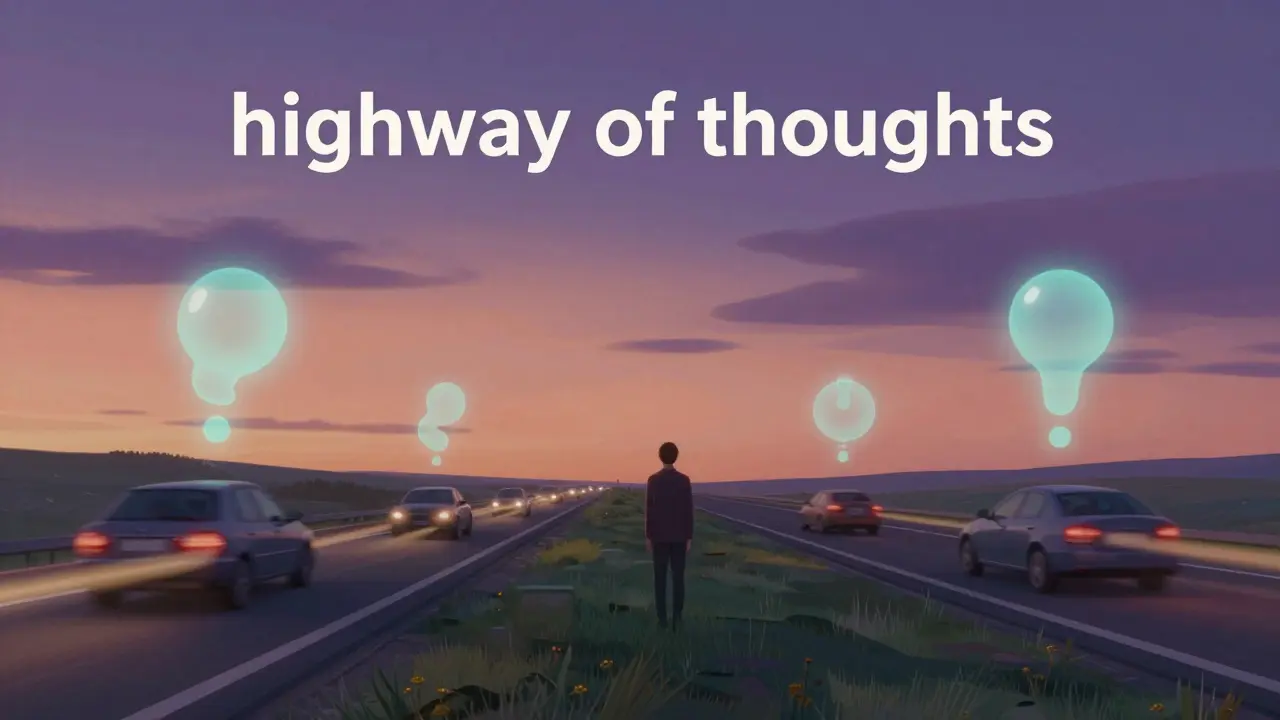 A person standing by a highway, observing glowing abstract shapes passing by like thoughts.