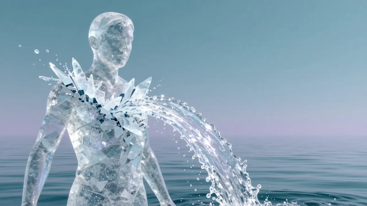 A surreal image of ice breaking and turning into flowing water within a translucent human figure