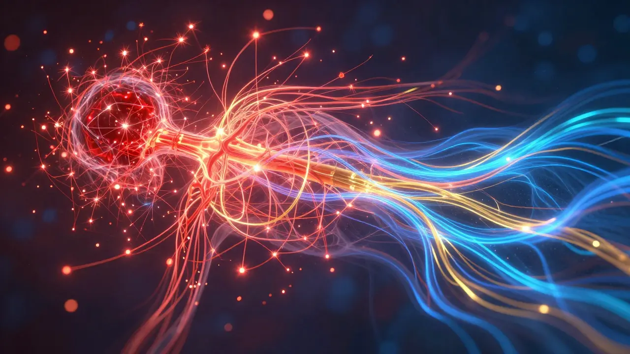 Abstract illustration of glowing blue and gold energy calming a stressed nervous system