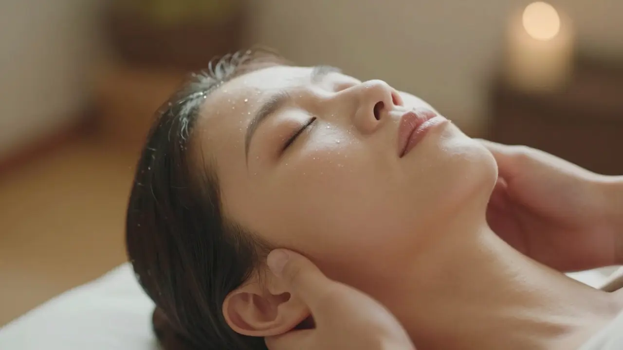 Close-up of a relaxed person's face during a peaceful Thai bodywork session