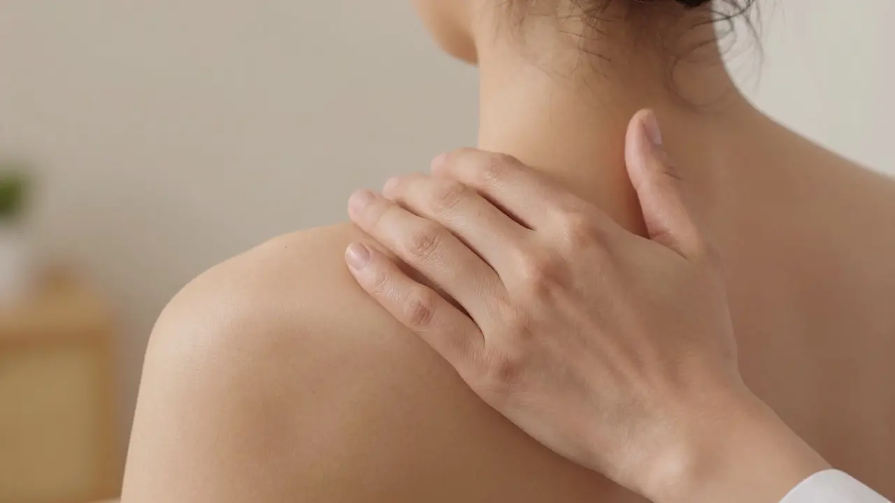 Close-up of a therapist applying slow, sustained pressure to a patient's neck and shoulder