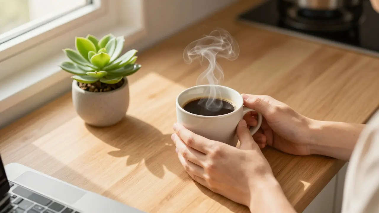 Close-up of hands holding a coffee mug on a sunny kitchen counter