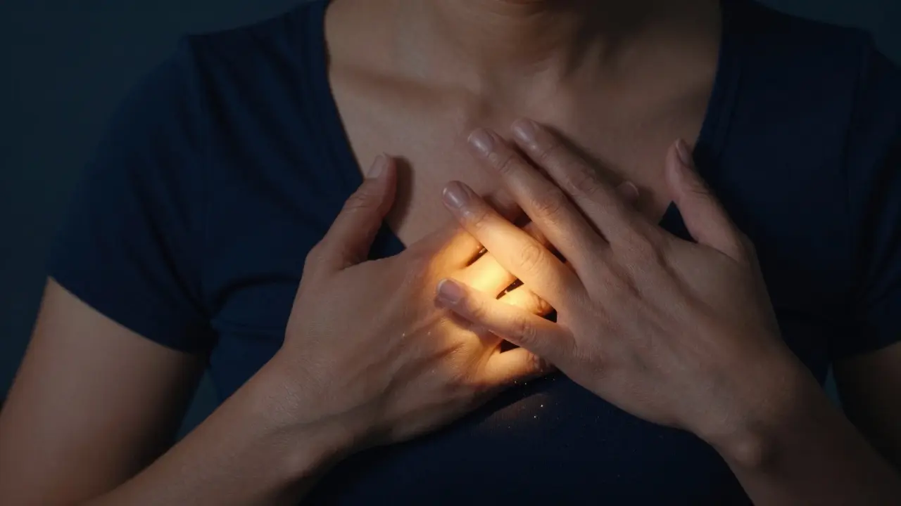 Close-up of hands over a heart with soft light representing self-healing energy