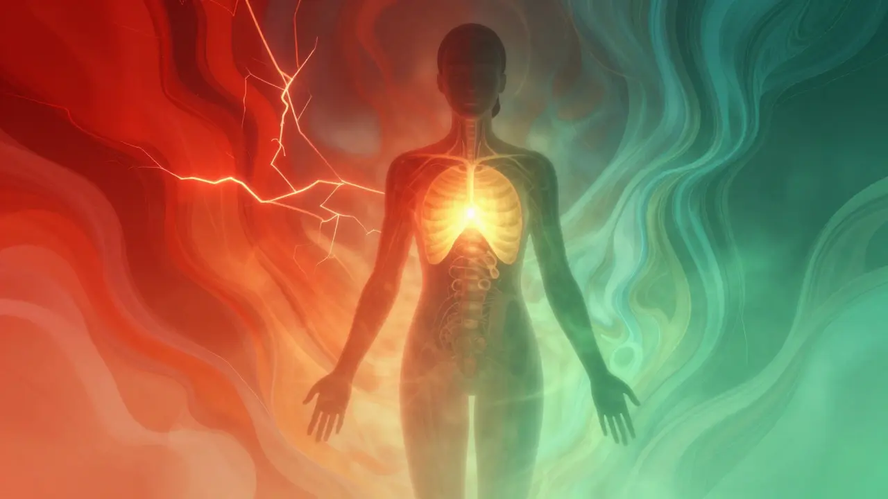 Conceptual art showing the shift from stress red to calm teal in a human silhouette