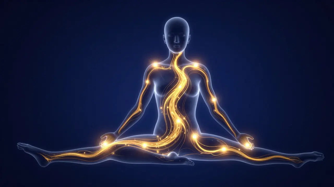 Conceptual illustration of glowing golden energy lines flowing through a human silhouette