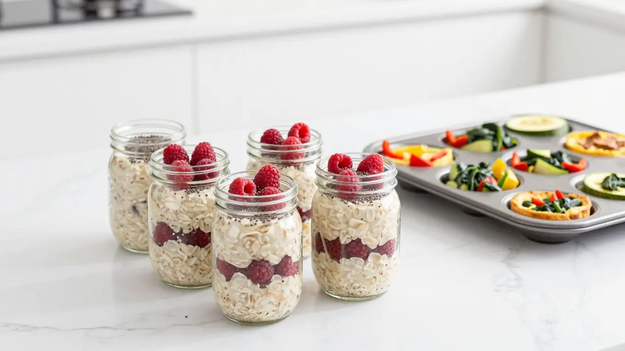 Glass jars of overnight oats and baked egg muffins with vegetables on a marble counter