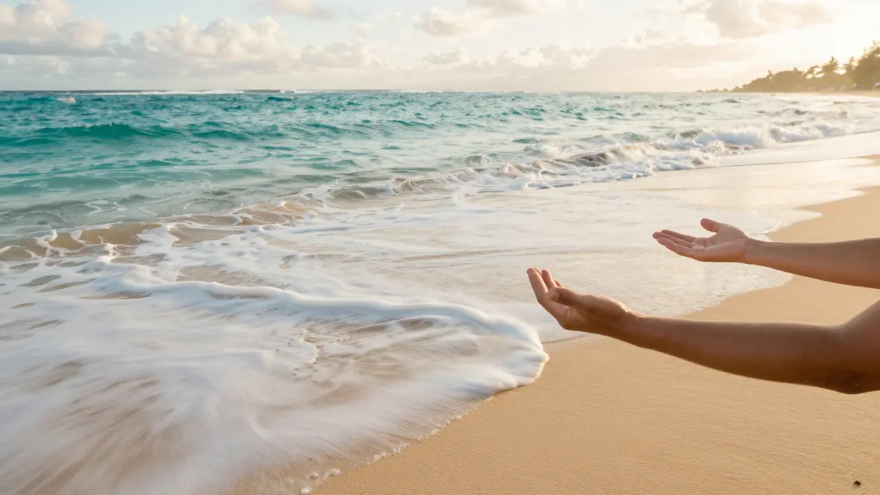 Ocean waves transitioning into the fluid sweeping motions of a Lomi Lomi massage on a sunny beach