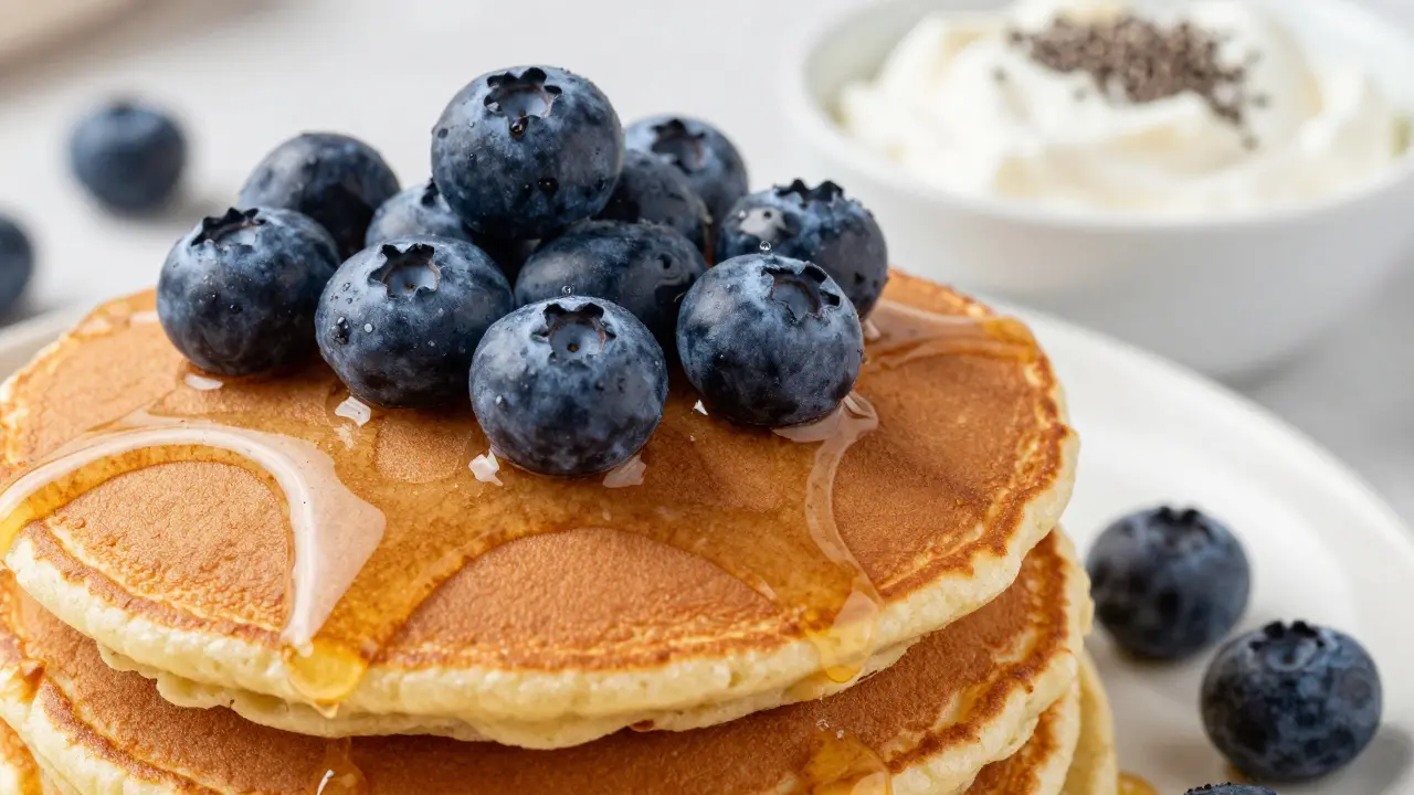 Stack of oat flour pancakes topped with fresh blueberries and maple syrup