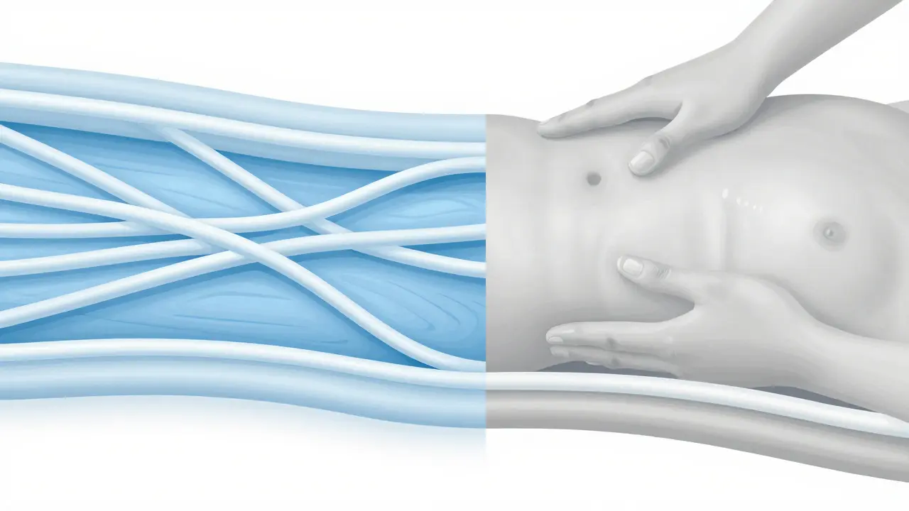Abstract illustration comparing stiff versus flexible muscle fascia.