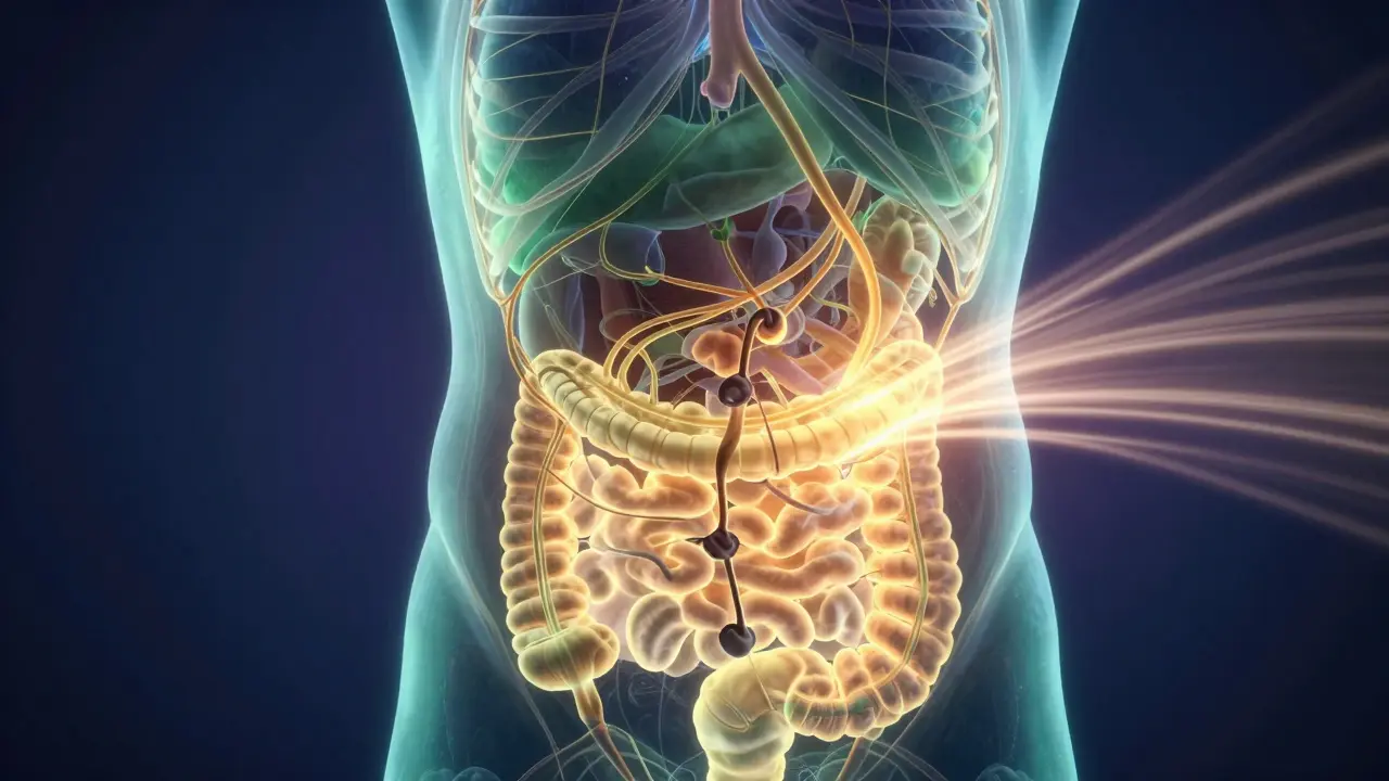 Abstract visualization of fascia releasing tension and energy flow in the abdomen.