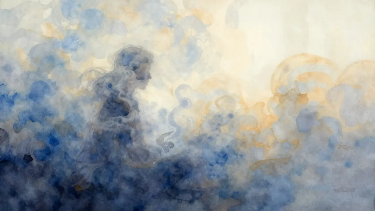 Abstract watercolor of figure dissolving into mist, symbolizing relaxation