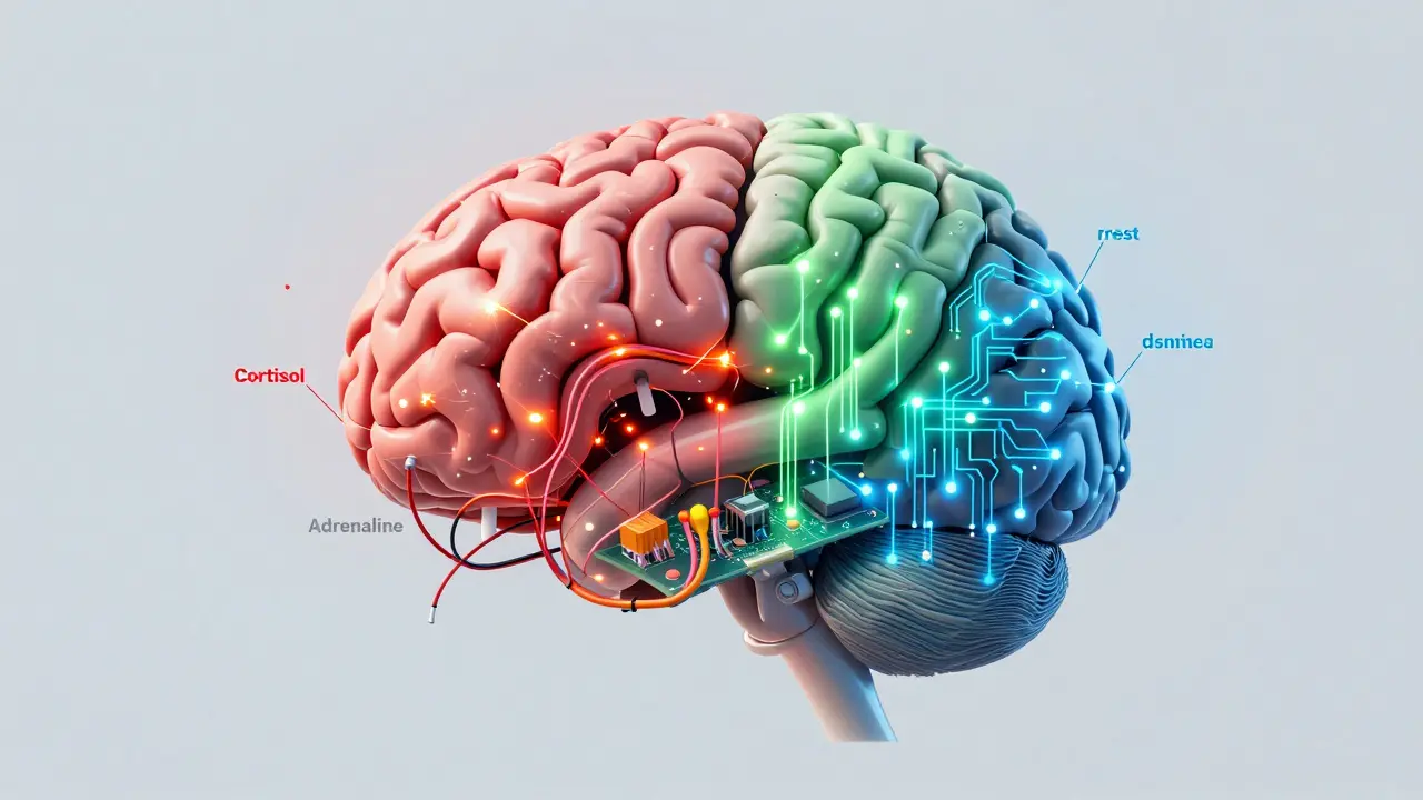 Brain illustration showing stress vs calm systems