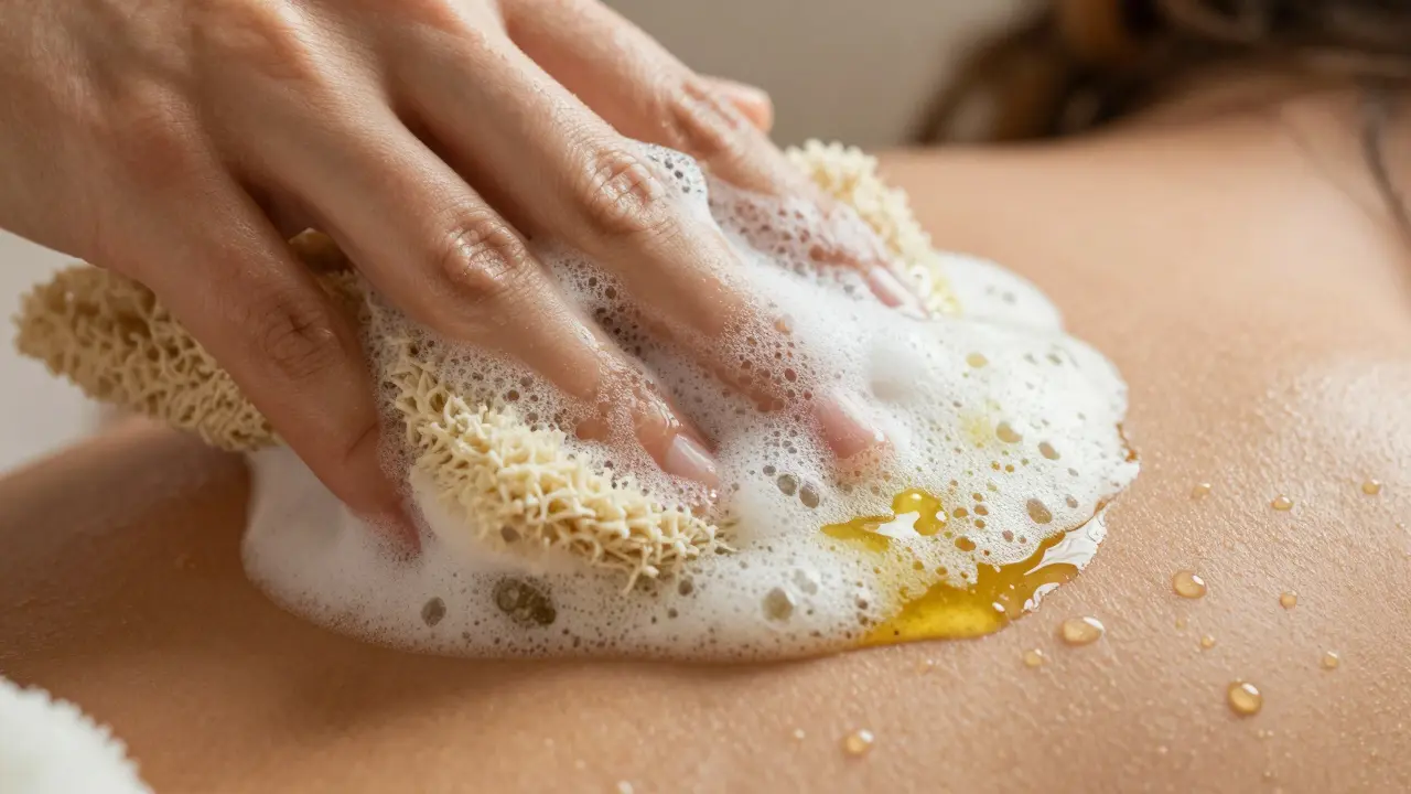 Close-up of textured exfoliating mitt scrubbing skin with olive oil soap suds