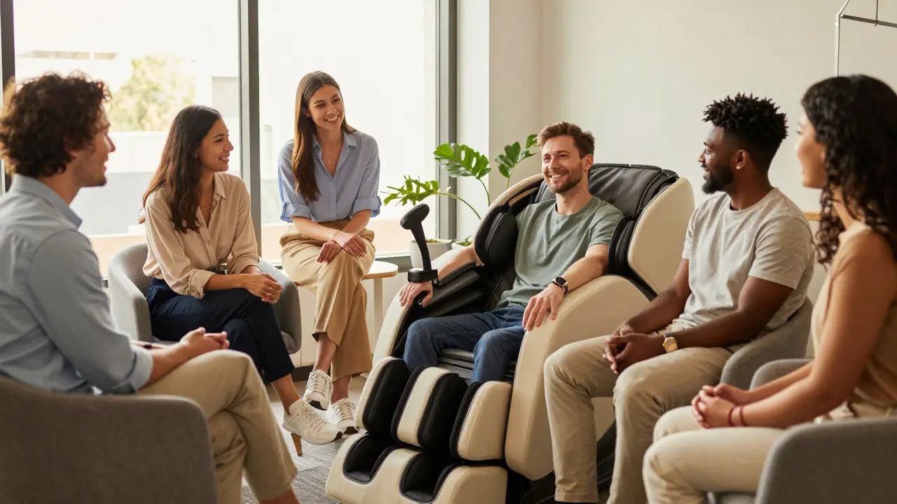 Colleagues bonding and smiling near a massage chair station