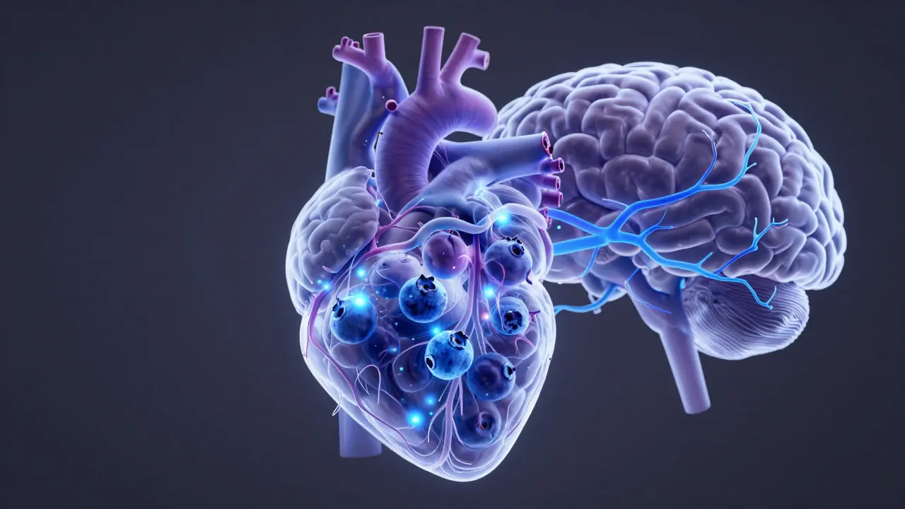Conceptual art showing blueberries boosting heart and brain health