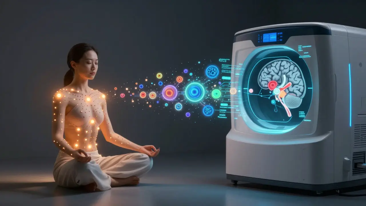 Conceptual blend of meditation and fMRI scan showing brain activity changes