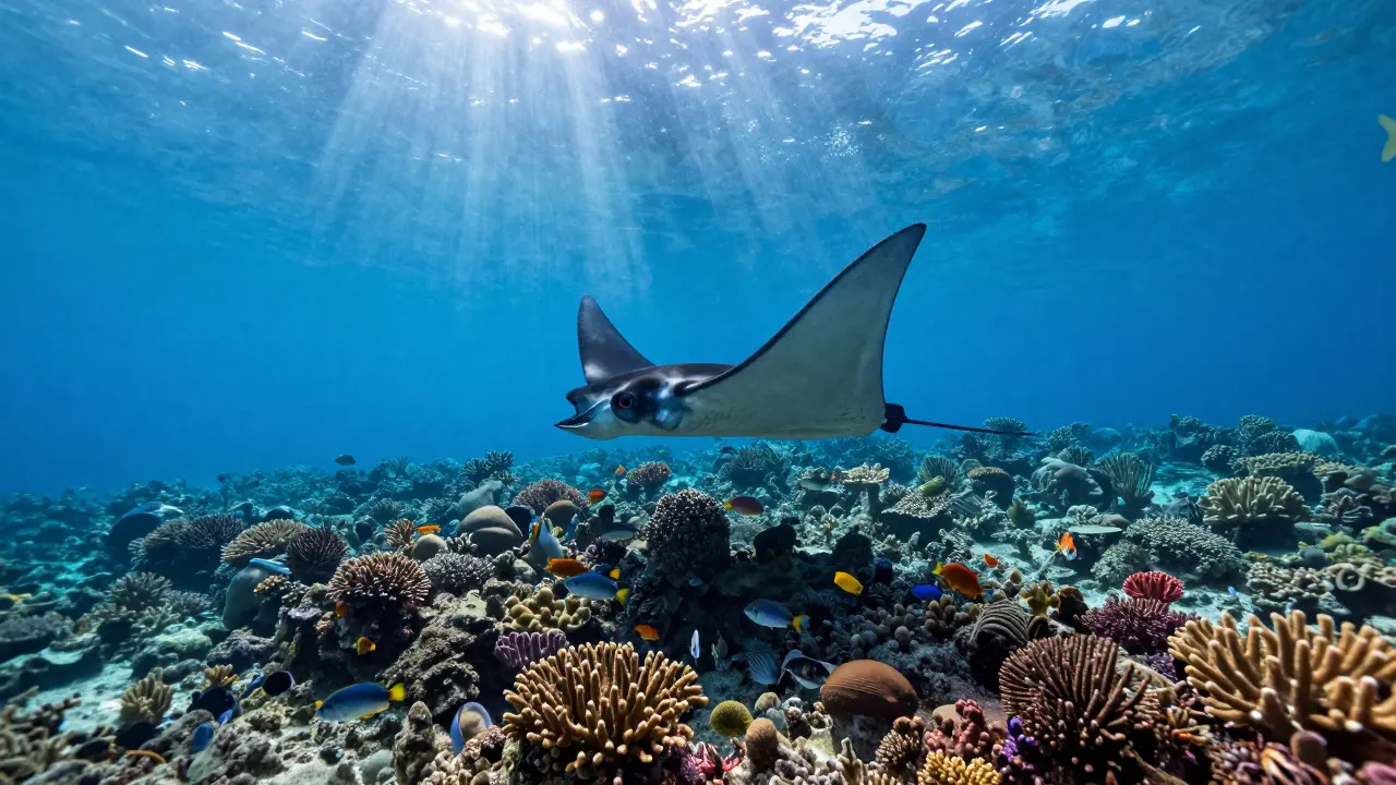 Diver swimming with a manta ray over a vibrant coral reef in clear blue water