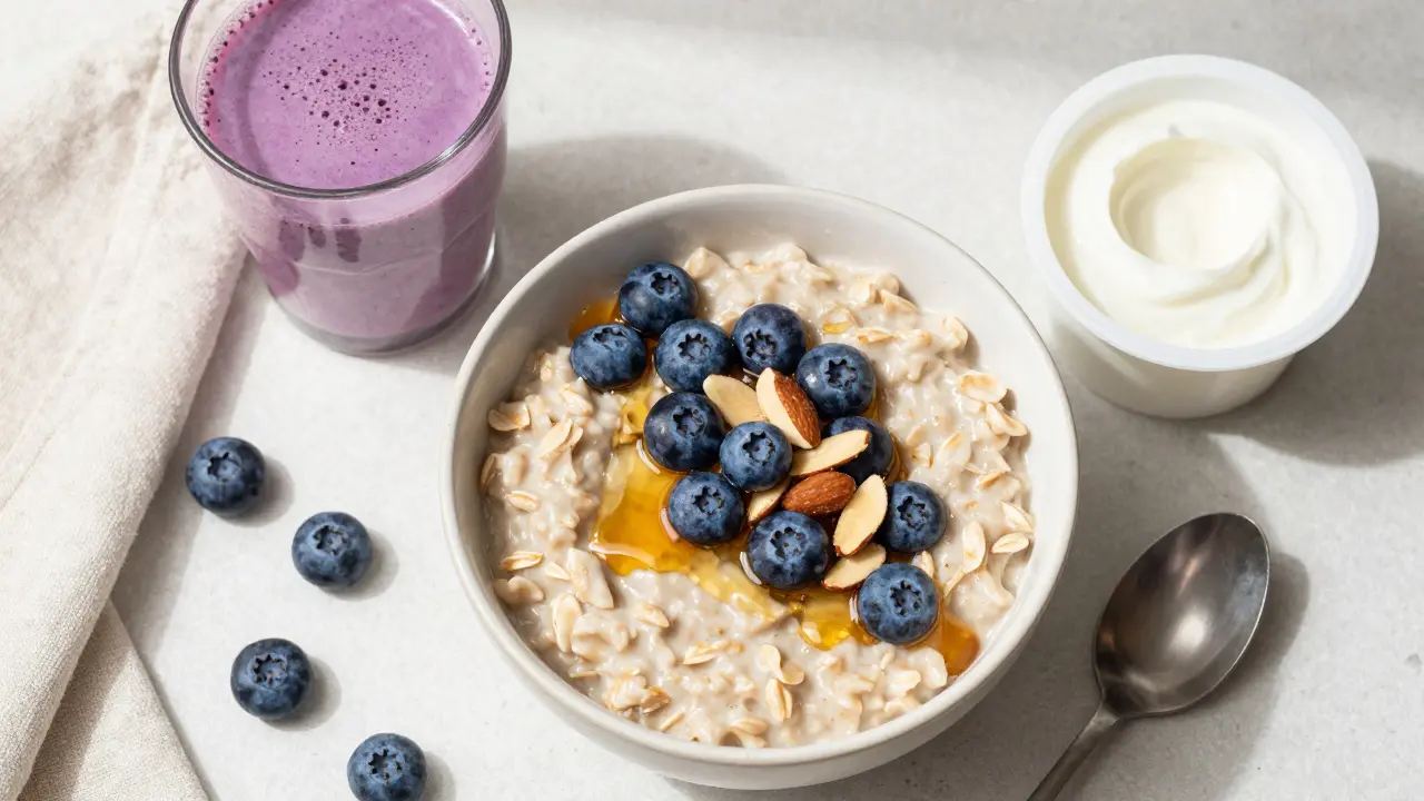 Healthy breakfast bowl with oatmeal, blueberries, and nuts