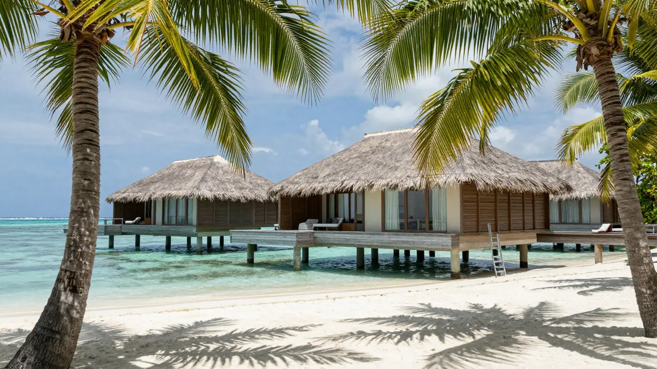 Luxury overwater villas surrounded by palm trees and white sand beaches