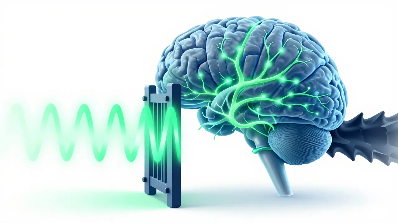 Medical illustration of spinal cord blocking pain signals via nerve stimulation