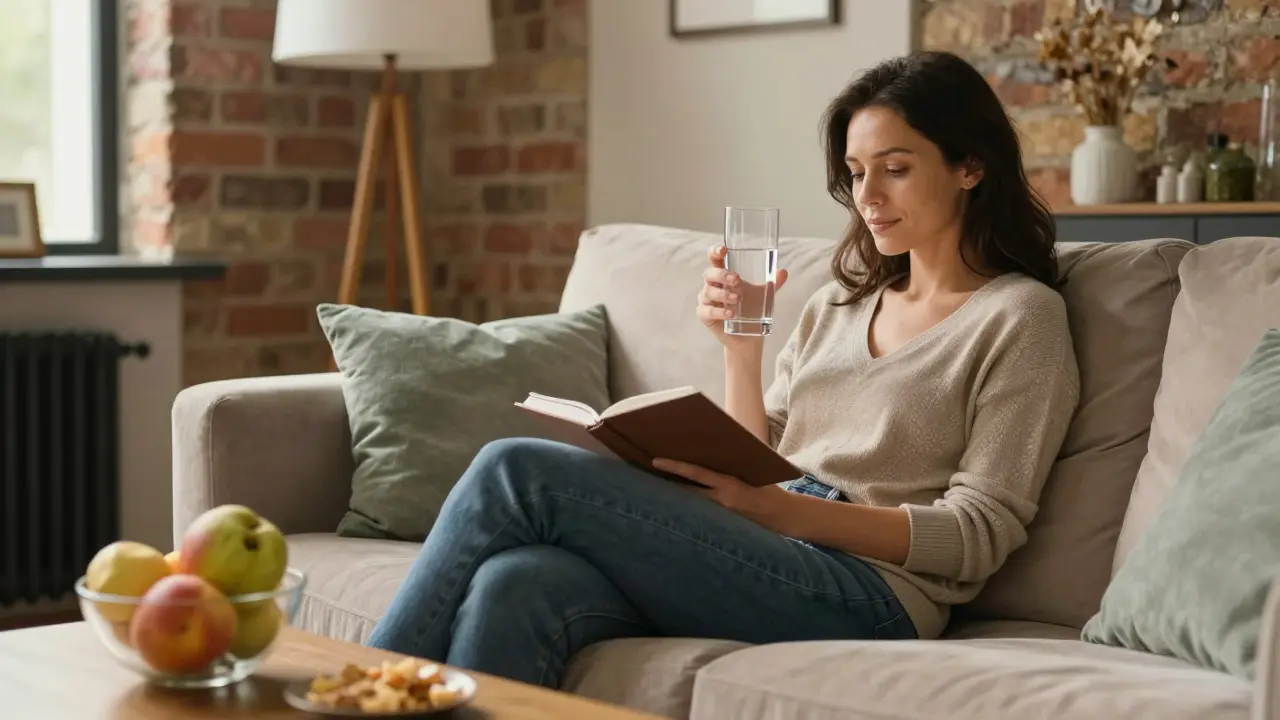 Woman relaxing with water and a journal at home after a healing session.