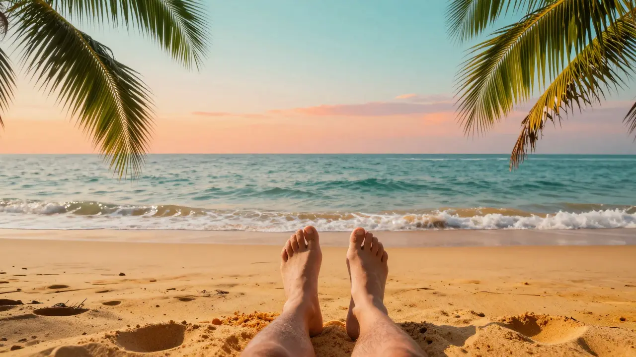 Bare feet on warm sand by the ocean at sunset