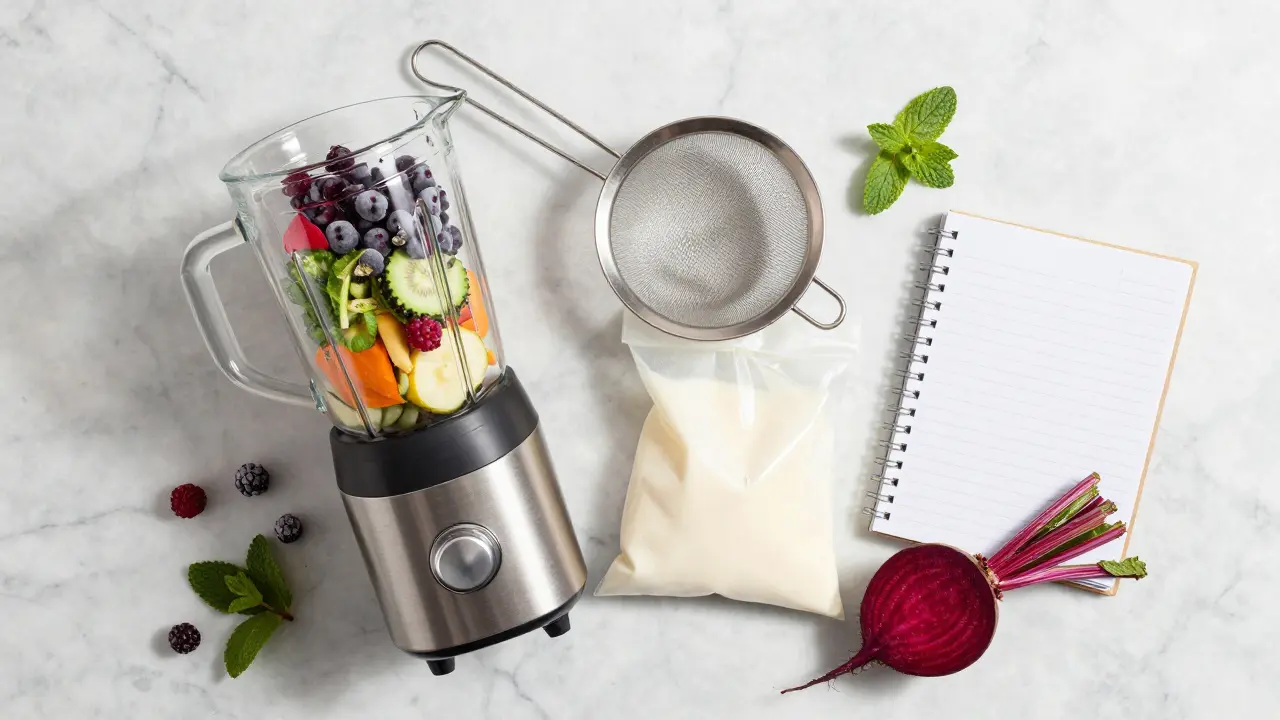 Blender, sieve, and fresh ingredients laid out on a marble counter for making juice.
