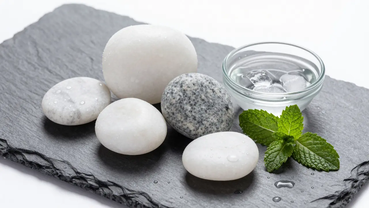 Chilled marble and granite stones with condensation, representing cold therapy for swelling.