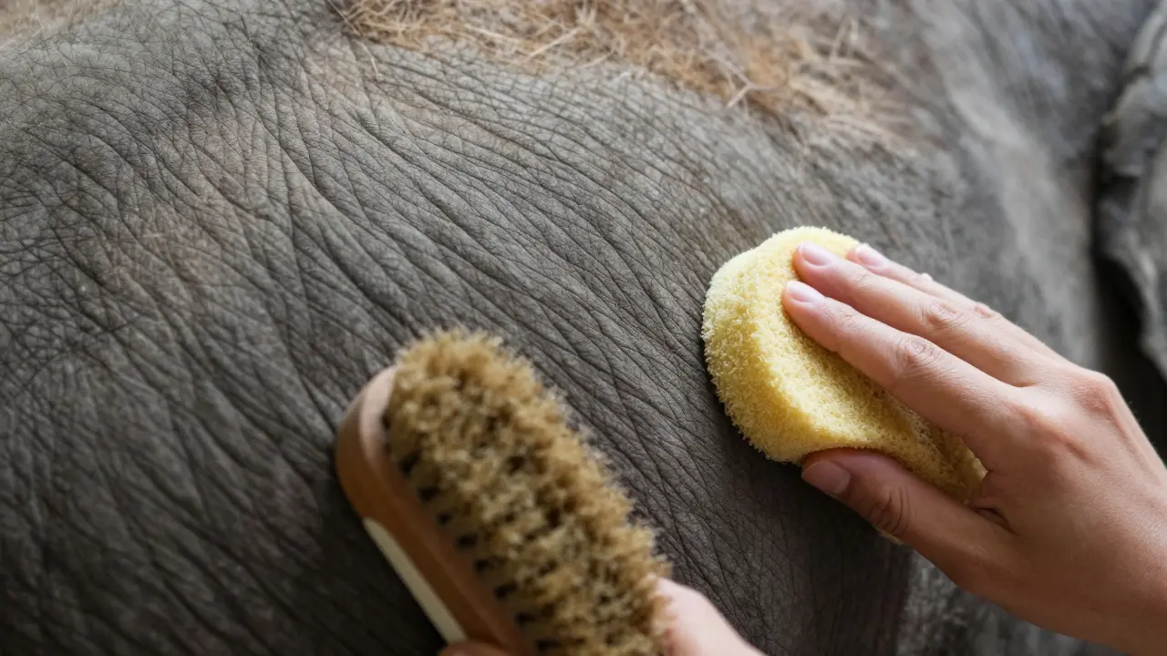 Close-up of elephant skin texture with grooming tools nearby