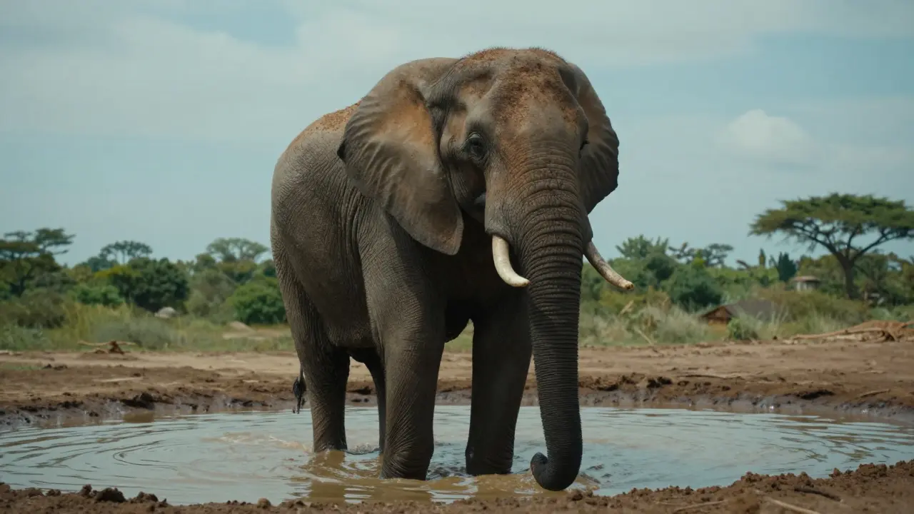 Elephant relaxing in a muddy hydrotherapy pool at a sanctuary