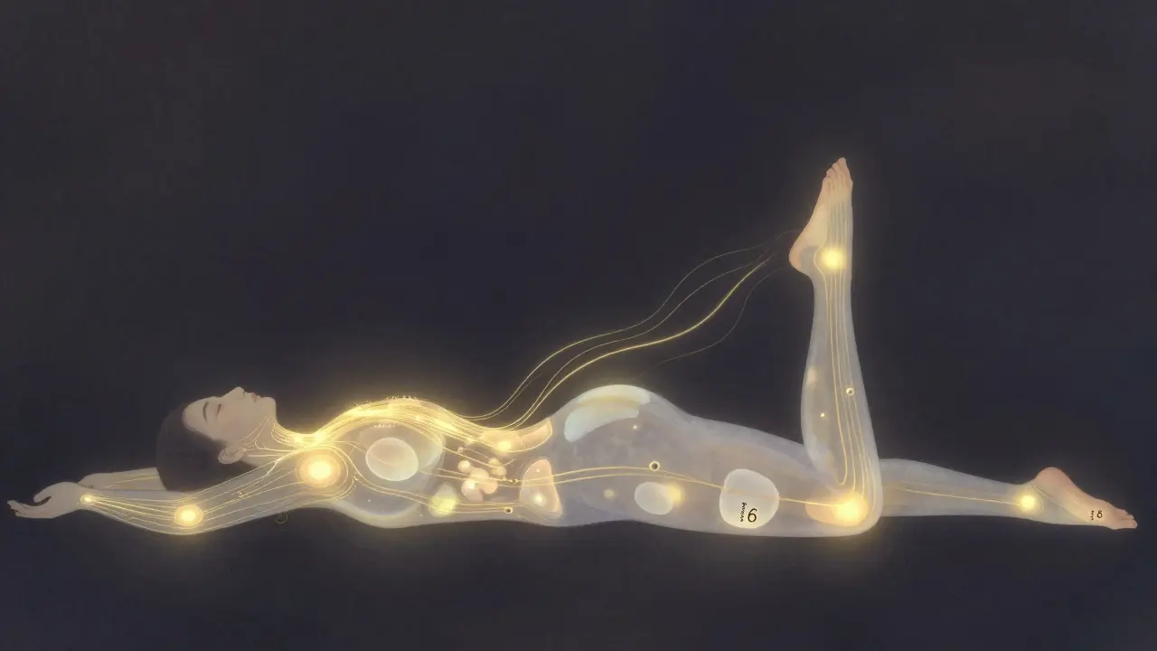 Illustration of yoga pose with glowing energy meridians flowing through body